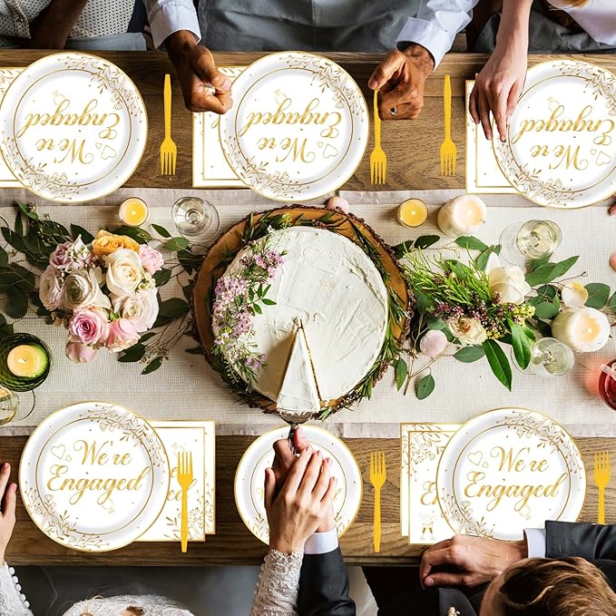 Justforjoyful 96Pcs Happy Engagement Party Supplies Engagement Paper Plates Napkins We're Engaged Party Tableware Set We're Engaged Dinnerware for Wedding Birthday Bridal Shower Decoration Serve 24