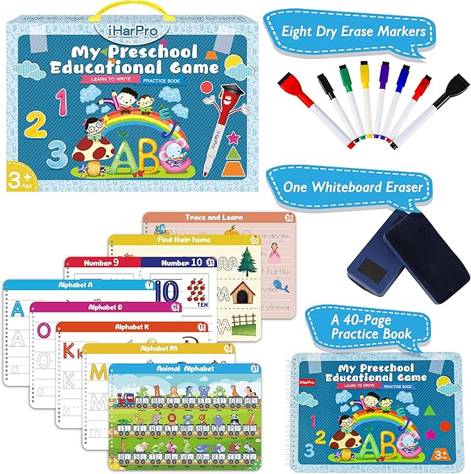 Handwriting Practice Tracing Books for Kids Ages 3-5, Montessori Preschool Learning Activity, Autism Educational Learn Number Letters Shapes Animal & Sight Words Workbook with 8 Dry Erase Markers
