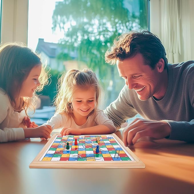 Gothink Wooden Snakes and Ladders Game - 13 Inch Educational Board Game for Children Ages 3 and Up & Adults - Classic Board Game Includes 6 Counters & 2 Dice, Rules