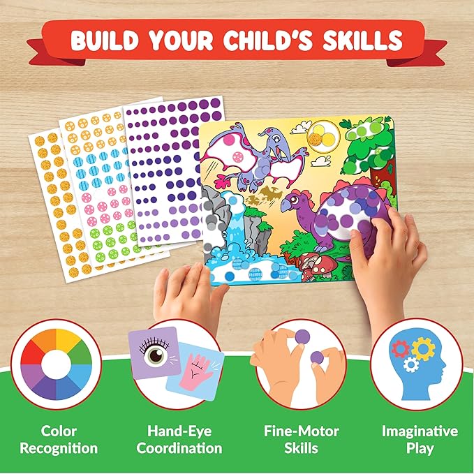 Dot Sticker Art Activity - Dinosaurs Dot Art, No Mess Crafts for Kids, Stocking Stuffers Toddlers, DIY Activity, Educational Gifts for Boys & Girls Ages 3, 4, 5, 6, 7 Year Old, Travel Toys