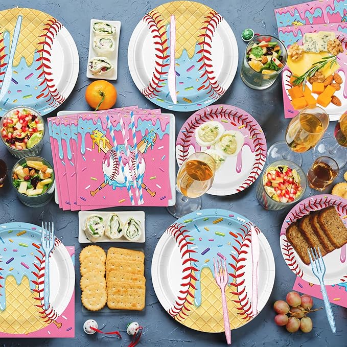 168PCS Ice Cream Drip Baseball Birthday Party Decorations & Favors - Serves 24 | Disposable Tableware: Baseball Plates, Napkins, Cups | Sports/Birthday Party Supplies