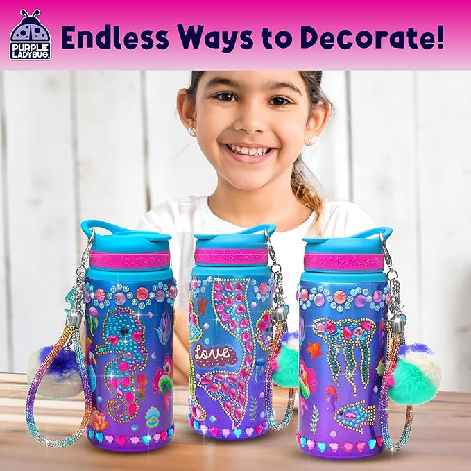 PURPLE LADYBUG Decorate Your Own Water Bottle for Girls - Mermaid Gifts for Girl Age 6-8, Gifts for Girls 5 6 7 8 9 10 Year Old Birthday, Summer Gift for Kids Crafts for Girl Ages 6-8