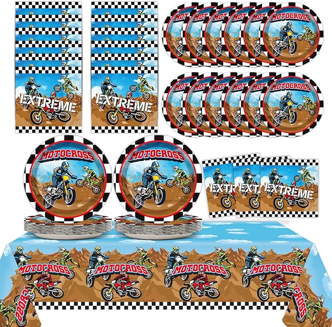 Dirt Bike Birthday Party Supplies Serves 24 Motorcycle Party Paper Plates Napkins Set Motocross Dirt Bike Tablecloth Tableware Kit for Baby Shower Decorations Kids Boys Girls