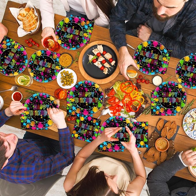 48Pcs Neon Glow in the Dark Paper Plates and Napkins Neon Birthday Party Decorations Paint Splatter Birthday Party Supplies Colorful Graffiti Disposable Tableware for Kids Baby Shower Serves 24