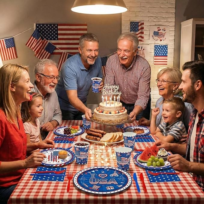 4th of July Disposable Party Tableware Serves 24, Patriotic USA 250th Anniversary Decorations, 168PCS Red White Blue Plates Cups Napkins Cutlery Set for Independence Day & Birthday Party Supplies