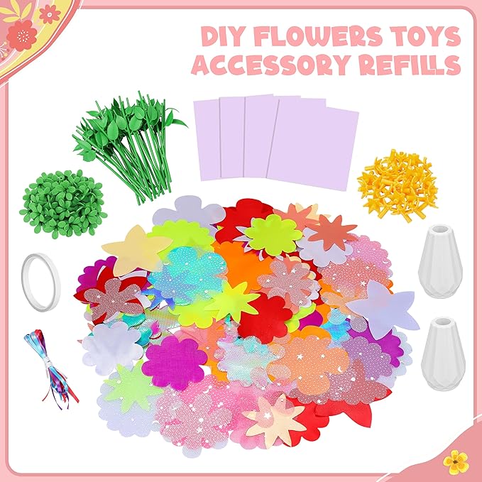 Toyly DIY Fabric Flower Bouquet Toy Accessories with 2 White Vases - Flower Market Toy Fitting Set - Arts & Crafts Toy