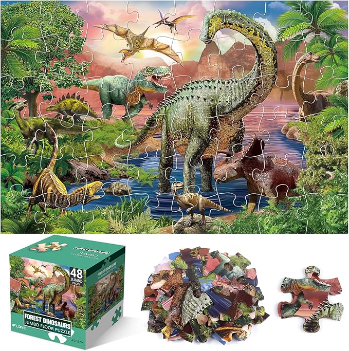 Jumbo Floor Puzzle for Kids,48 Piece Forest Dinosaur Large Jigsaw Puzzles, Fun Educational Preschool Learning Toy for Toddlers Ages 3-5,Easter Gift for Boy Girl Ages 4-8