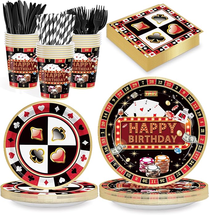 168PCS Casino Party Supplies for Girls Boys Kids Las Vegas Themed Happy Birthday Party Decorations Poker Paper Plates Napkin Cups Forks Knives Straw Tableware for 24 Guests