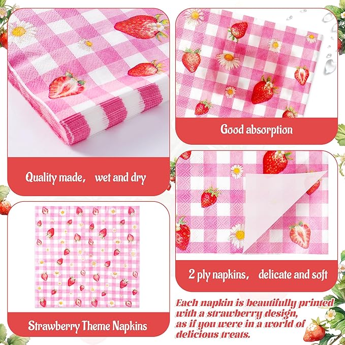 Strawberry Party Supplies - 96Pcs Adorable Watercolor Strawberry Plates Napkins Forks Tableware Set, Disposable Paper Plates Party Decoration for Kids Birthday Picnic Table Decor, Serve 24