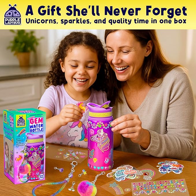 PURPLE LADYBUG Decorate Your Own Water Bottle Kit for Girls - Gift for Girls Ages 5 6 7 8 9 10 Year Old Girl Birthday Gift, Unicorn Toys Crafts Kids Ages 6-12 Mothers Day Crafts for Kids