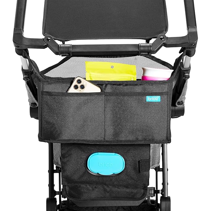 Munchkin Stroller Organizer with Cup Holders and Wet Wipes Case - Travel Storage Bag for Baby and Mom Essentials, Universal Fit, Fits UPPAbaby, Evenflo, BabyTrend and more, Black