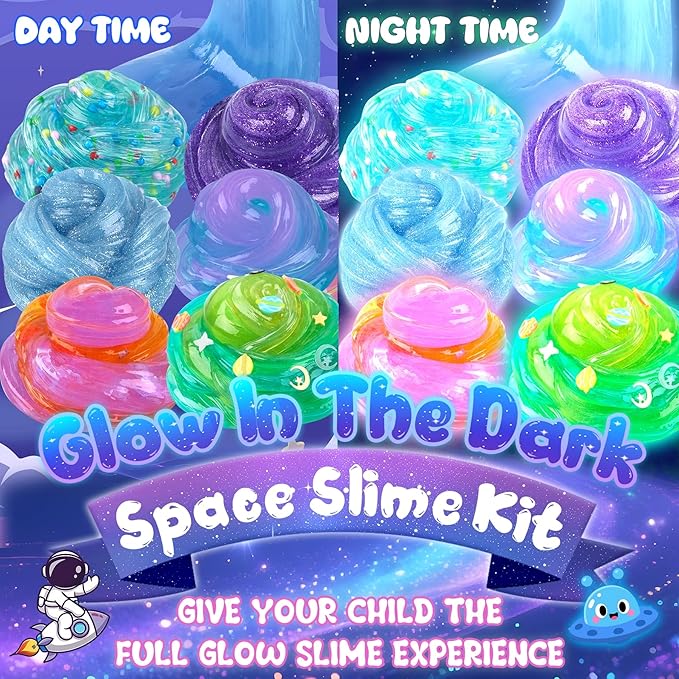 Galaxy Glow-in-The-Dark Slime Kit 9 Pack - Space Slime with Astronaut, Alien & UFO Charms, DIY Slimes Set Sensory Toys, Slimes Party Favors for Kids Gift