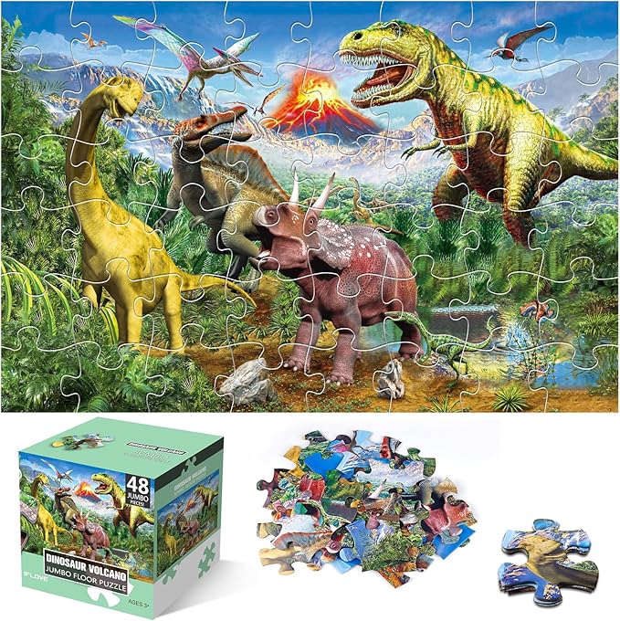 Jumbo Floor Puzzle for Kids,48 Piece Volcano Dinosaur Large Jigsaw Puzzles, Fun Educational Toy for Toddlers Ages 3-5,Preschool Learning Easter Gift for Boy Girl Ages 4-8