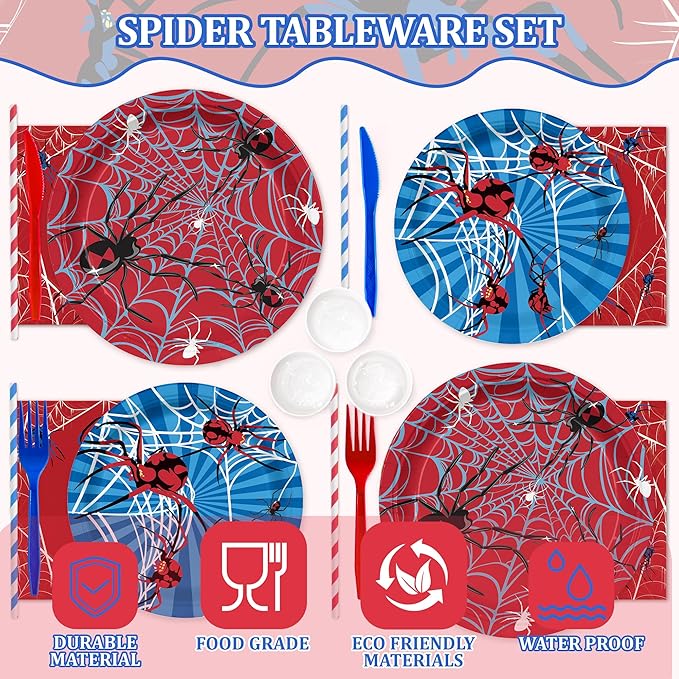 168PCS Spider Birthday Party Supplies for Boys Cartoon Spider Web Themed Party Decorations Blue and Red Paper Plates Disposable for Dinner Baby Shower Tableware 24 Guests