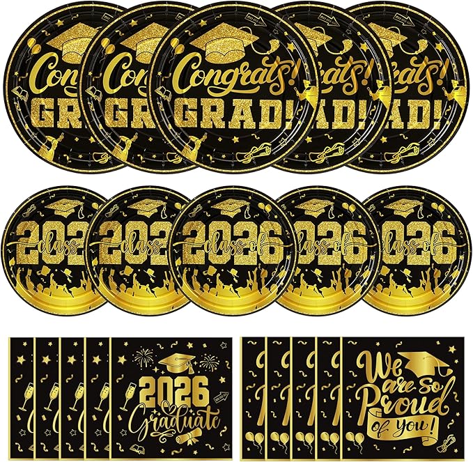 144Pcs 2026 Graduation Plates and Napkins for 48 Guests, Black and Gold Congrats Grad Party Supplies, Class of 2026 Disposable Paper Plates Napkins Forks for Graduation Party Decorations