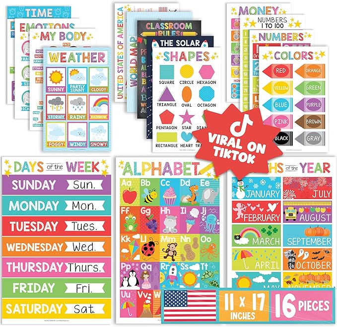 Hadley Designs 16 Educational Posters for Toddler Learning Activities - Alphabet Daycare Essentials, Laminated Pre-K Posters for Toddlers 1-3, Preschool Learning Activities, Rainbow Classroom Decor