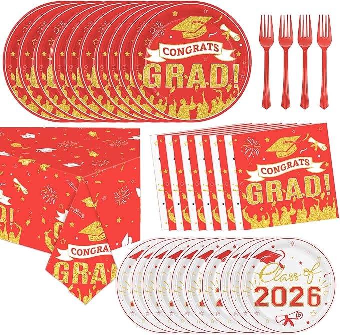 Graduation Plates and Napkins Party Supplies 2026 Graduation Decorations for 24,Red Disposable Grad Plates Class of 2026 Dessert Plates Napkins,Tablecloth,Forks,for Congrats Grad Party Decorations