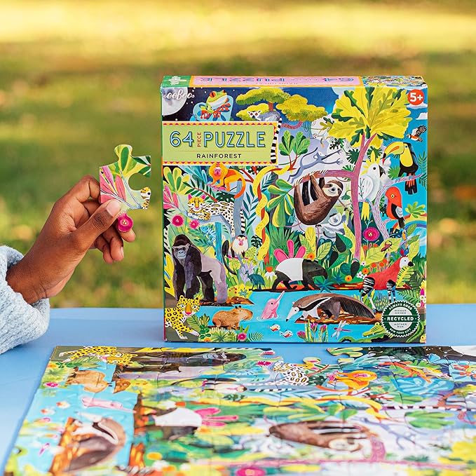 eeBoo: Rainforest - 64 Piece Puzzle - 15" x 15" Jigsaw, Vibrant Animal & Nature Scene, Informational Poster, Big Sturdy Dustless Pieces, Kids Ages 5+