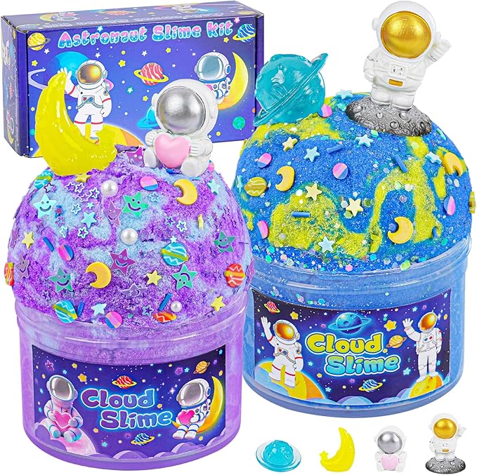 Galaxy Cloud Slime Kit for Kids, Glow in The Dark Space Slime with Astronaut Charms, Non-Sticky Soft Sensory Toys, Birthday Gifts Party Favors Classroom Prizes for Boys Girls Ages 4-12