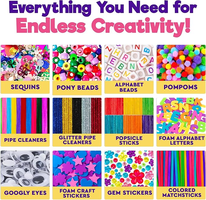 Blue Squid Arts & Crafts Box (Pink)- 2800+ pcs Deluxe Craft Supplies Box, 2 Drawers, 18 Compartments, Sturdy Handle - Art Crafting Kit Birthday Gifts for Kids, School Supply for Ages 4-12
