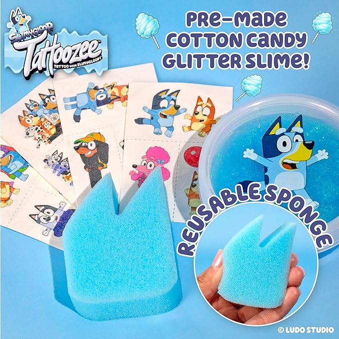 SLIMYGLOOP Tattoozee, Bluey Tattoo Transfer Slime Kit, Sensory Play for Kids Ages 6+, Cotton Candy Scented, Glitter Texture