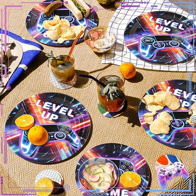 CANREVEL 96 PCS Video Gamer Birthday Party Plates Serve 24, Video Gaming Plates and Napkins Forks Set, Disposable Tableware for Video Gamer Party Supplies Decorations, Video Game Plates for Boys Men