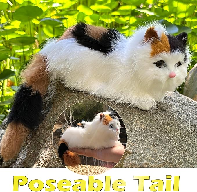 Realistic Baby Calico Cat Figurine - Lifelike Furry Kitten Statue, Plush Kitty Stuffed Animal Toy, Home Office Car Decor, Collectible Gift, Photo Prop
