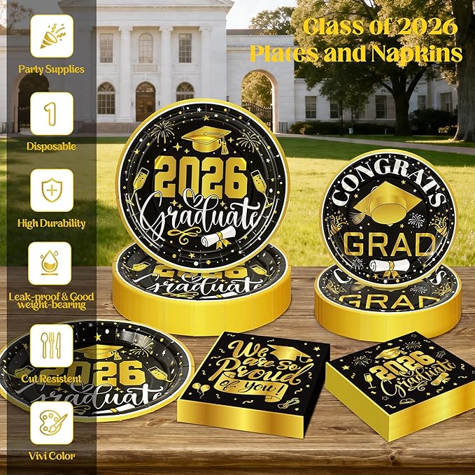 192Pcs 2026 Graduation Plates and Napkins for 48 Guests, Black and Gold Congrats Grad Party Supplies, Class of 2026 Disposable Paper Plates Napkins Set for Graduation Party Decorations