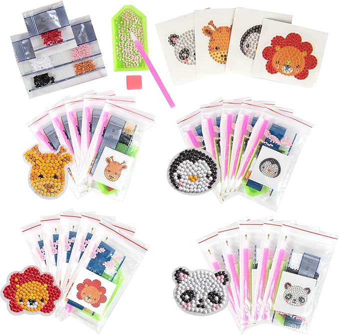 Kid's Birthday Party Diamond Gem Painting Craft Favor Kits- Zoo Buddies-20 Individually Packaged, All-in-One Packs for Boys & Girls - Unique Easter Basket Stuffer, Classroom Art Project Activity, Gift