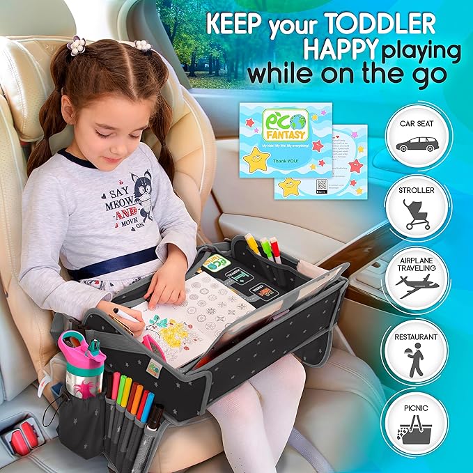 Kids Travel Tray - Waterproof Lap Table with No-Drop Large Tablet Holder - Car Seat Tray - Road Trip Essentials Kids - Car Desk Organizer for Airplane - Toddler Travel Essentials