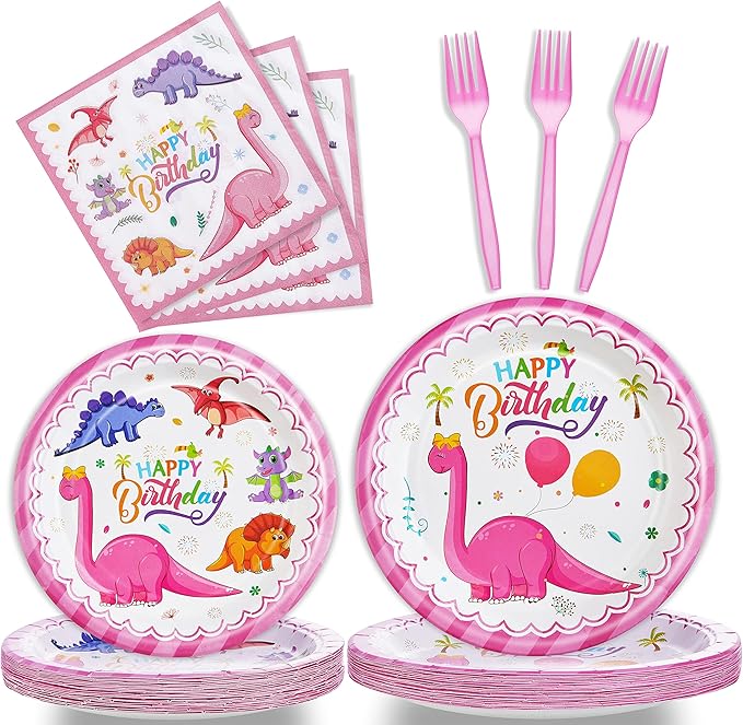 96 Pcs Dinosaur Birthday Party Plates Napkins Forks Supplies Tableware Set Disposable Table Dinosaur Theme Decoration for Girl Birthday Party, Serves 24 Guests