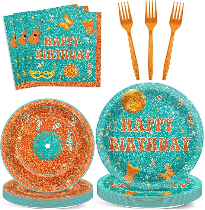 96PCS Popular Singer Birthday Party Paper Plates and Napkins Music Lover Party Decoration Pop Singer Theme Party Supplies Orange Green Glitter Tableware Set Serves 24 Guests Girls Baby Shower Favor