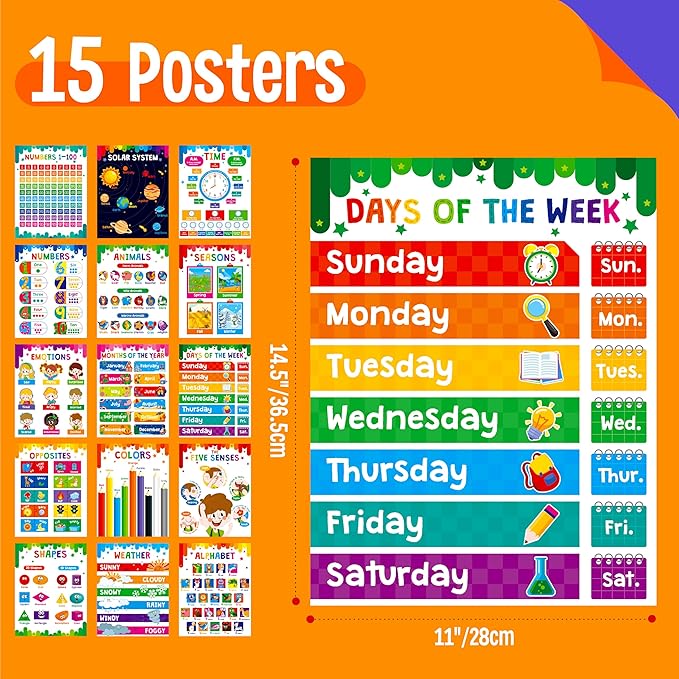 15 Packs Educational Poster, Thick Early Learning Posters Waterproof & Tear Proof with PET Film, Alphabet/Animals/Opposites/Emotions/Numbers Posters for Kindergarten Preschool Toddlers (14.5”x11”)