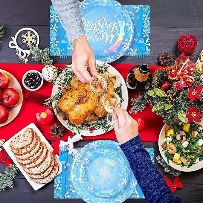 96PCS Blue Christmas Plates Napkins Forks for Party Decorations, Set of 24 Snowflakes Merry Christmas Disposable Tableware Supplies, Blue White Paper Plates for Winter Xmas Party