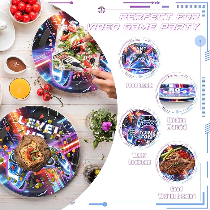 CANREVEL 96 PCS Video Gamer Birthday Party Plates Serve 24, Video Gaming Plates and Napkins Forks Set, Disposable Tableware for Video Gamer Party Supplies Decorations, Video Game Plates for Boys Men
