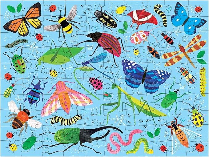 Mudpuppy Bugs and Birds Double-Sided Puzzle, 100 Pieces, 22” x 16.5” – Perfect Family Puzzle for Ages 6+ - Colorful Illustrations of Birds on One Side and Bugs on the Other, Multicolor (0735363749)
