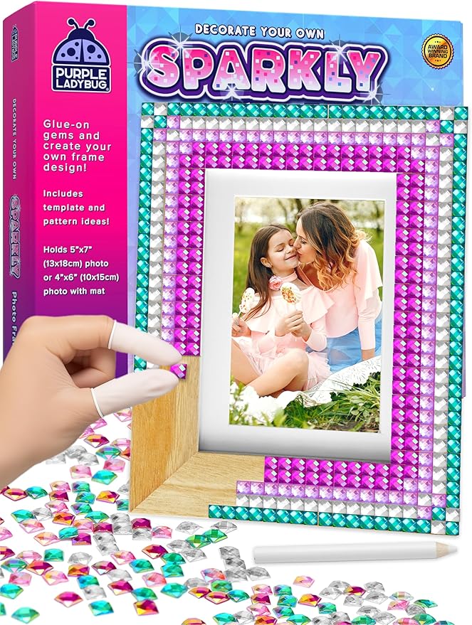 PURPLE LADYBUG Kids Picture Frame Mosaic Kit with Sparkly Gems - Fun Arts & Crafts for Girls 8-12 6-8, Great Gifts for Birthday for 6 7 8 9 10 11 12 Girls - Ideal for Sleepovers, Playdates