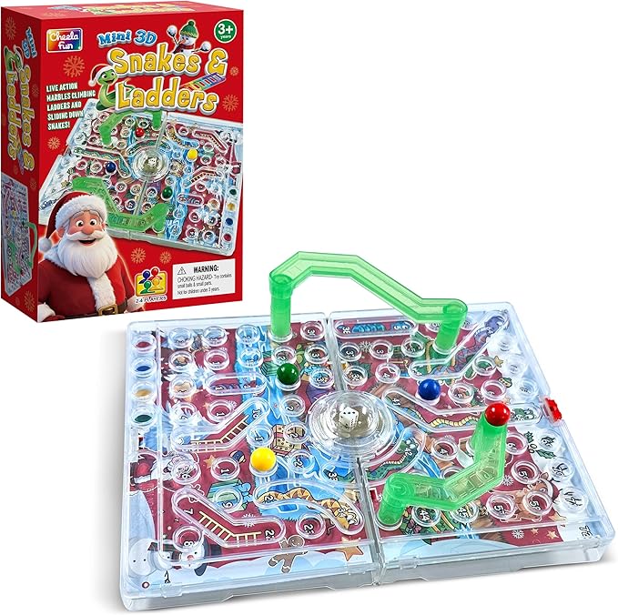 3D Snake & Ladders - Christmas Edition | Festive Foldable Board with 3D Plastic Ladders | Portable Travel Game, No Batteries Needed | Ideal Holiday Party Game for Family