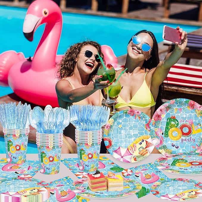 168pcs Pool Party Supplies Pool Party Plates Napkins Dispoasble Tableware Set Summer Decorations for Kids Birthday Hawaii Summer Holiday Serve 24 Guests