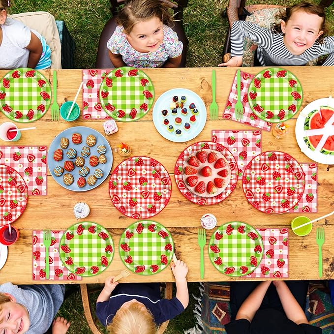 96Pcs Strawberry Party Plates and Napkins Birthday Party Supplies Spring Summer Fruit Paper Dessert Plates Strawberry Themed Tableware Set Disposable for 24 Guests 1st Birthday Party Decorations