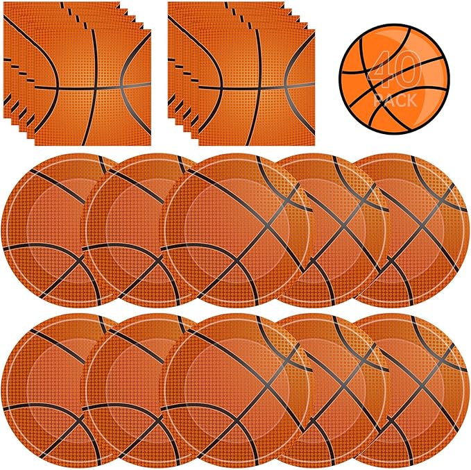 40 Pcs Basketball Plates and Napkins Sets - Sports Birthday Party Supplies Tableware, Brown Disposable Paper Plates Napkins Kit for Basketball Birthday Party Decorations Table Decor, Serves 20