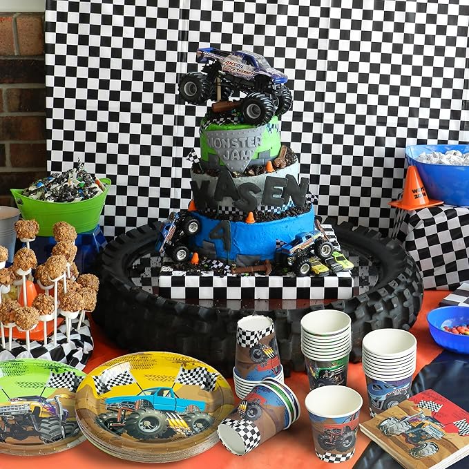 K1tpde Monster Truck Party Tableware - 30set Monster Truck Theme Tablewares Set Included Disposable Checkered Flag Paper Cup Napkins for Boys Happy Birthday Decorations Party Suppliess, 30 Guest