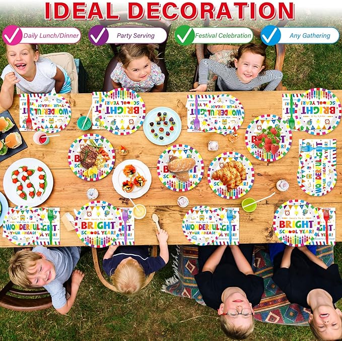 100PCS Back To School Decorations School Season Supplies Paper Plates Napkins Disposable White Bottom Colorful Pattern Tableware Dinnerware for Student Birthday Picnic First Day of School Serves 25