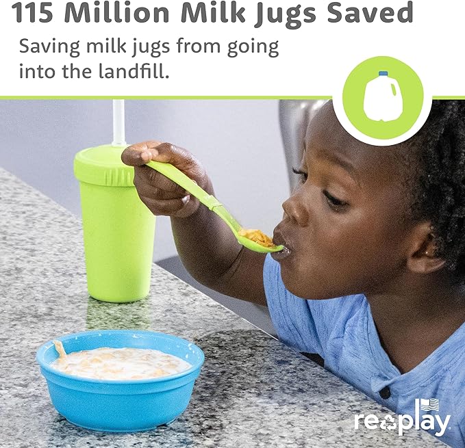 Re-play 3x3 Divided Toddler Plates and Utensils Set - Toddler Forks and Spoons Set - Dishwasher and Microwave Safe - Made in USA - Spring