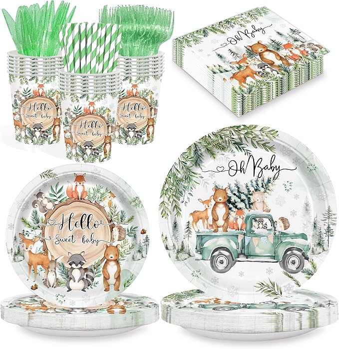 168PCS Woodland Baby Shower Party Supplies for Boys Girls Kids Winter Forest Party Decorations Jungle Animals Themed Plates and Napkins Cups Forks Knives and Straw Tableware Serve 24 Guests