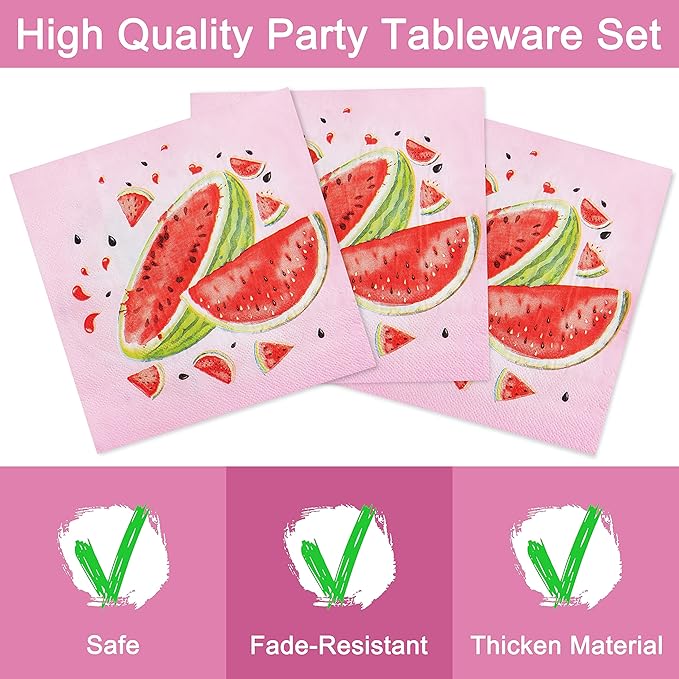 96 Pcs Watermelon Birthday Party Plates Napkins Forks Supplies Tableware Set Disposable Table Watermelon Theme Decoration for Girl Birthday Party or Summer Party, Serves 24 Guests