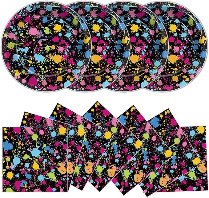 48Pcs Neon Glow in the Dark Paper Dessert Plates and Napkins Neon Party Decorations Paint Splatter Birthday Party Supplies Colorful Graffiti Disposable Tableware for Kids Baby Shower Serves 24