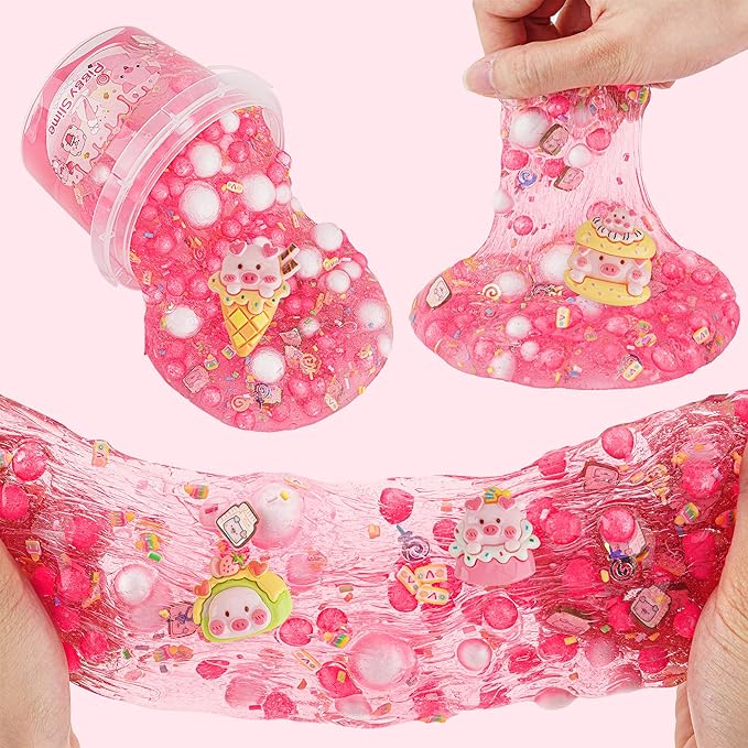 LAWOHO 300ml Piggy Slime Kit with Clay, Red Clear Slime Bucket for Girls & Boys with 11 Packs Cute Add-Ins for Kids Slime Toys, Non Stick Slime Making Kit for Birthday Halloween Christmas Easter