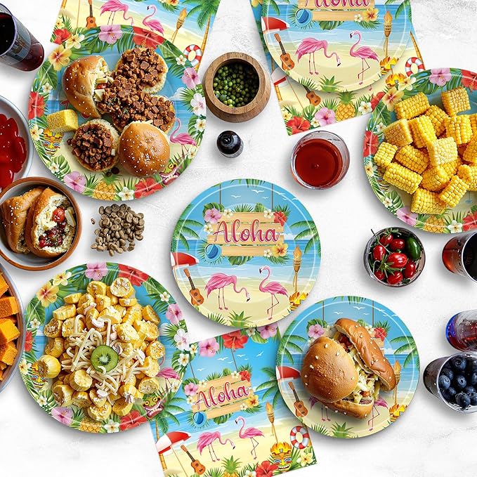 40 Pcs Aloha Party Decorations - Hawaiian Plates and Napkins, Tropical Luau Dinner Dessert Paper Plates Flamingo Napkins Disposable Tableware Set for Hawaii Summer Party Supplies Decor, Serves 20