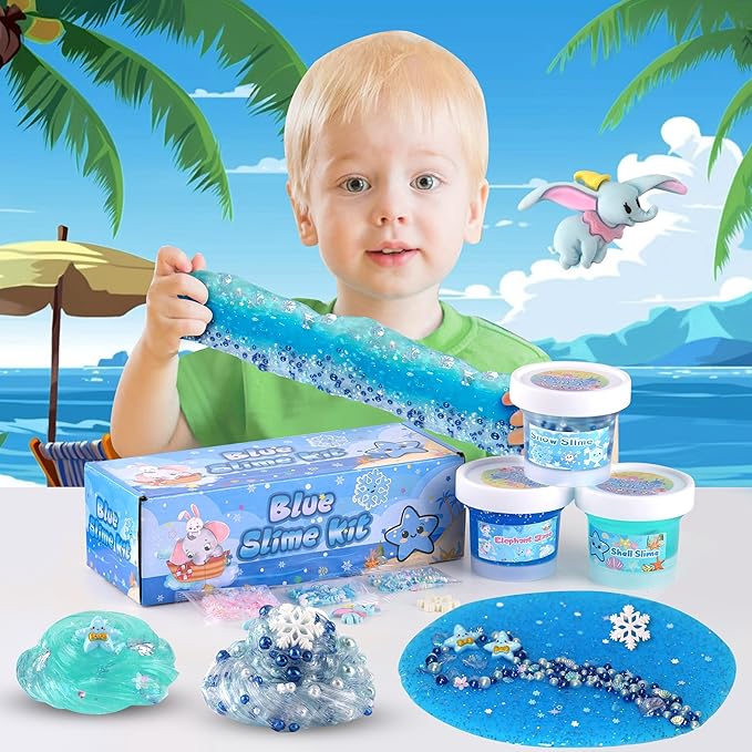 3 x 100mL Blue Slime Kit for Girls & Boys: Includes Clear, Water & Crunchy Slime, Sensory Experience DIY Slimes Set, Slimes Party Favors for Kids Birthday Easter Halloween Teens Gift